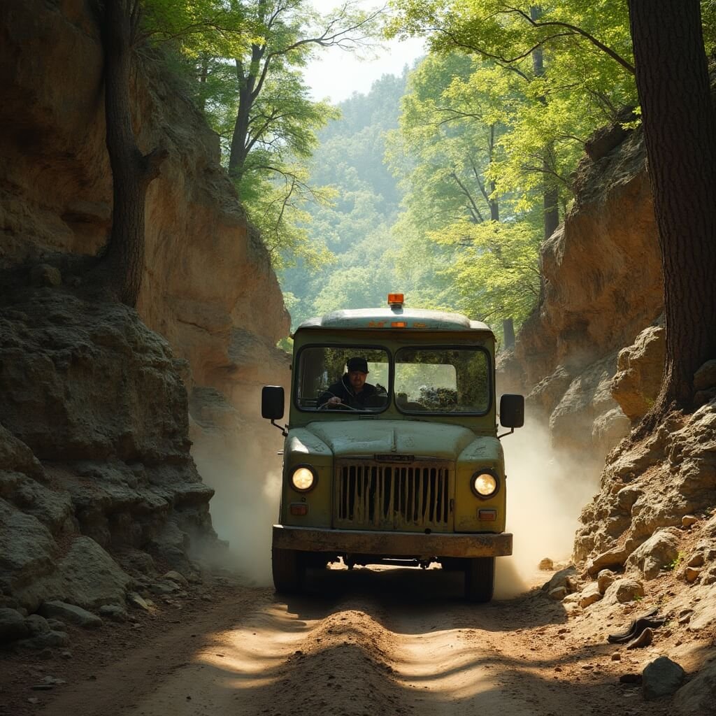 Duck tour vehicle driving through Red Bird Gorge forest trail with guide gesturing, afternoon sunlight filtering through tall trees and dust rising from rear wheels