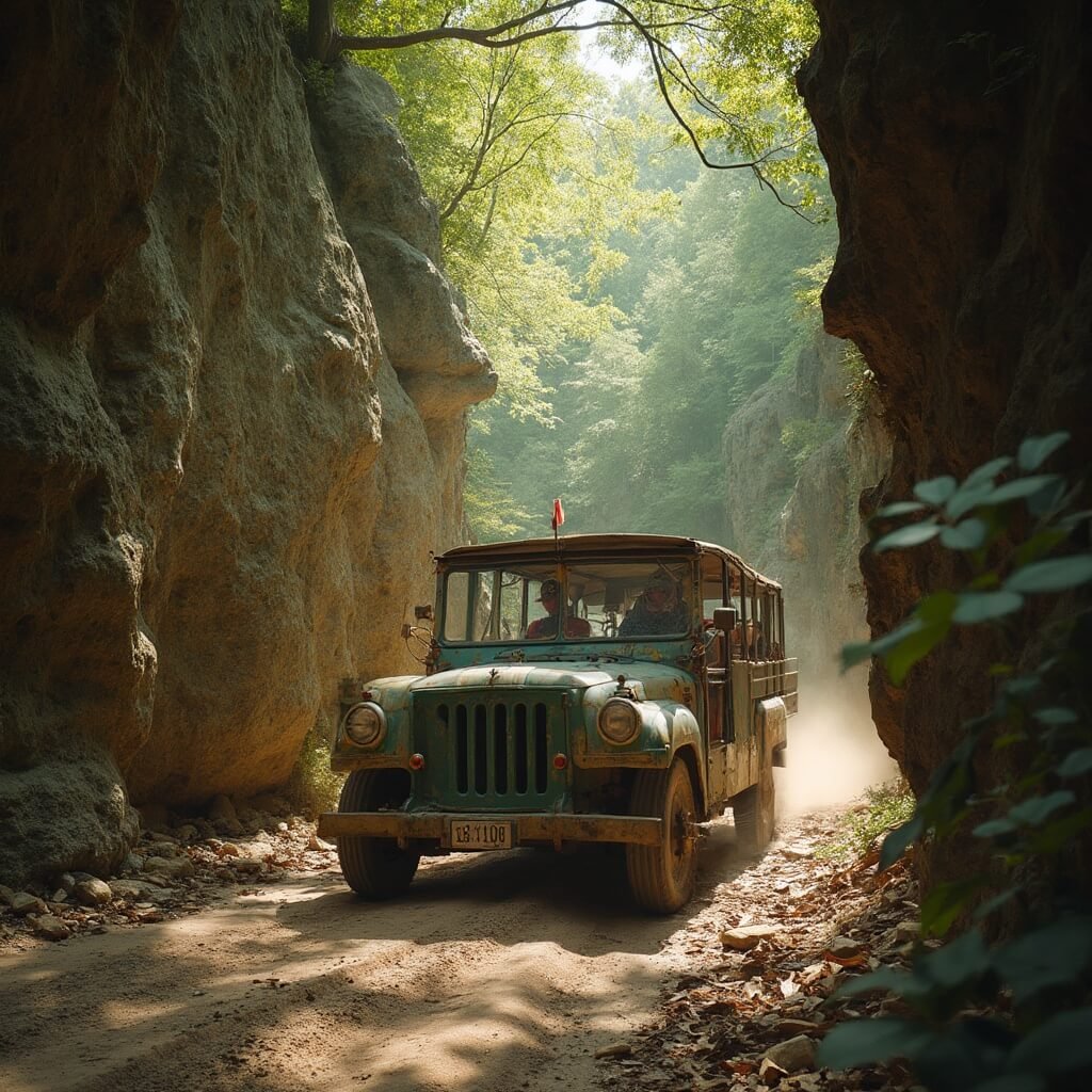 Duck tour vehicle driving on a narrow forest trail in Red Bird Gorge with guide gesturing from driver's seat