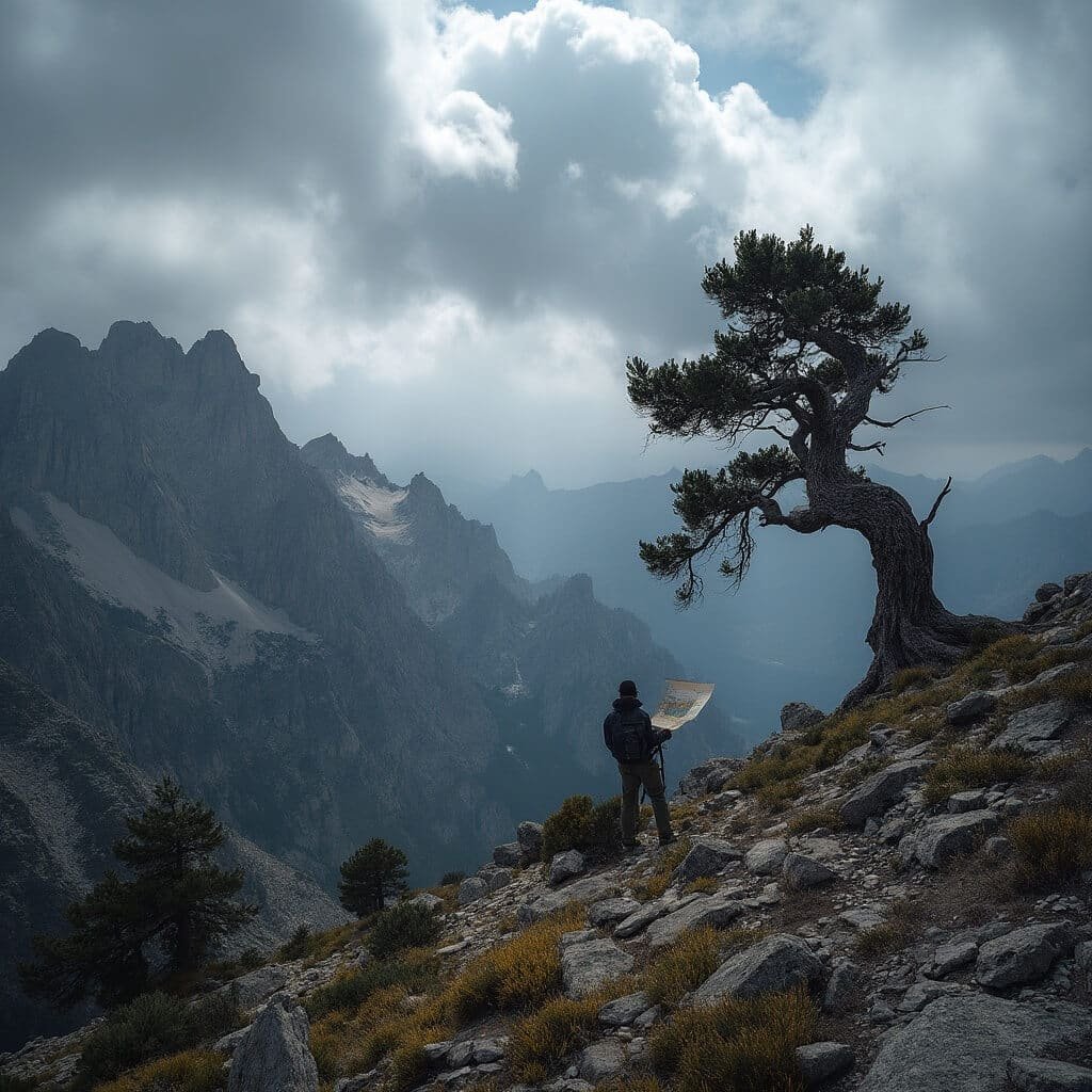 Hiker analyzing map beside ancient bristlecone pine in Eagle Peak grove, Great Basin National Park, Nevada, amid approaching storm