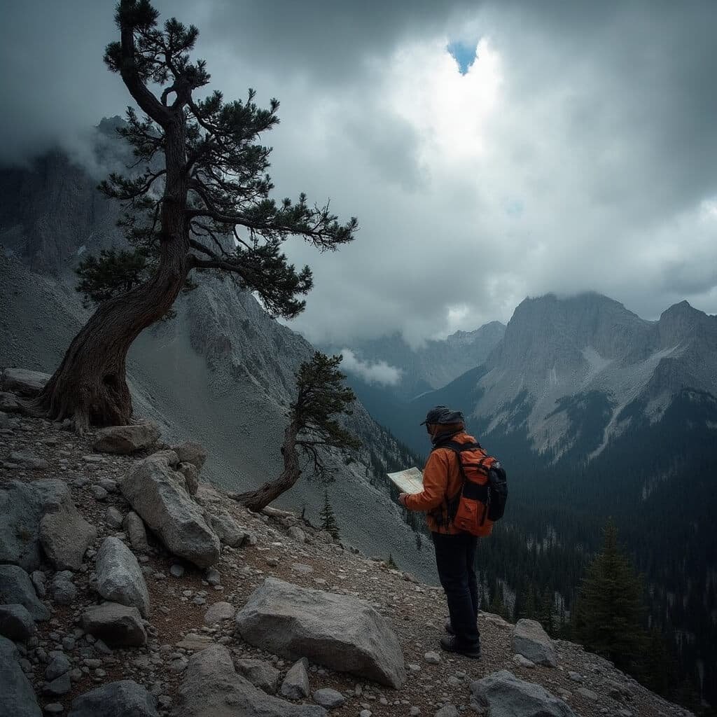 Lone hiker consulting a map in Eagle Peak bristlecone grove, Great Basin National Park, Nevada, amidst storm clouds and ancient pines