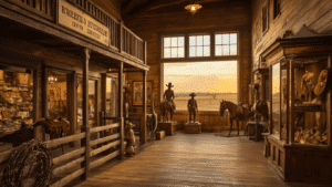 "Vintage Western frontier town replica inside a heritage museum, showcasing wooden storefronts, cowboy sculptures, Native American artifacts, rodeo photographs, saddles, trophies and Persimmon Hill through a window at sunset"