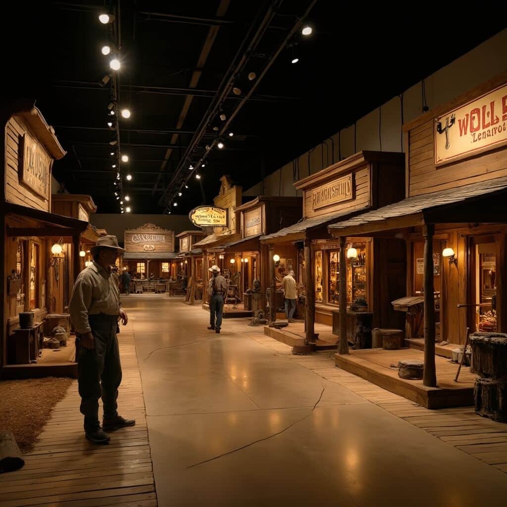 Mannequin cowboy in a recreated Old West town exhibit within a museum, featuring a saloon, general store, and blacksmith shop under warm sepia lighting