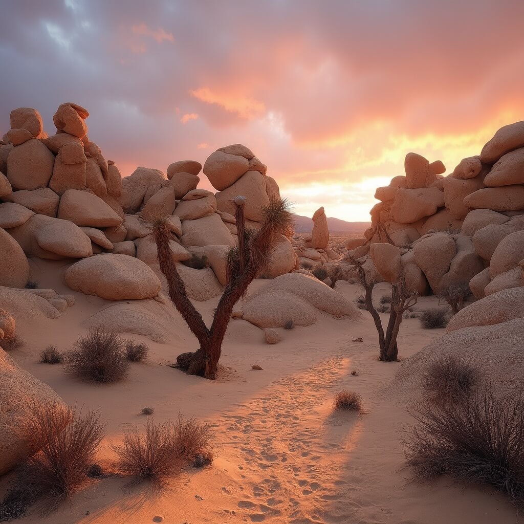 Golden hour snapshot of Hidden Valley in Joshua Tree National Park with imposing monzogranite boulders, silhouetted Joshua trees, and long shadows on desert floor