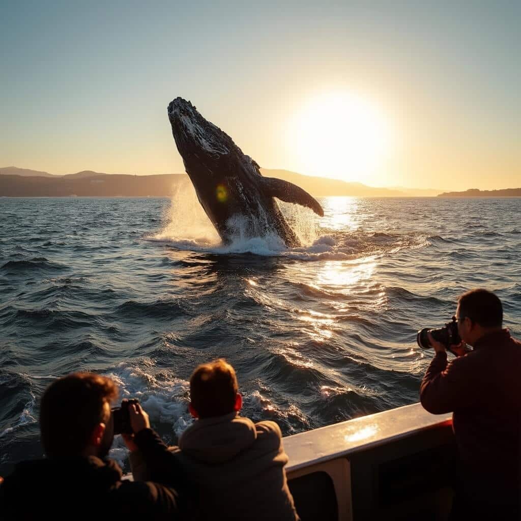 Humpback whale breaching in Monterey Bay at golden hour, with cascading water droplets illuminated by low sunlight, the distant hazy hills, and silhouetted passengers with cameras on the whale-watching boat deck.