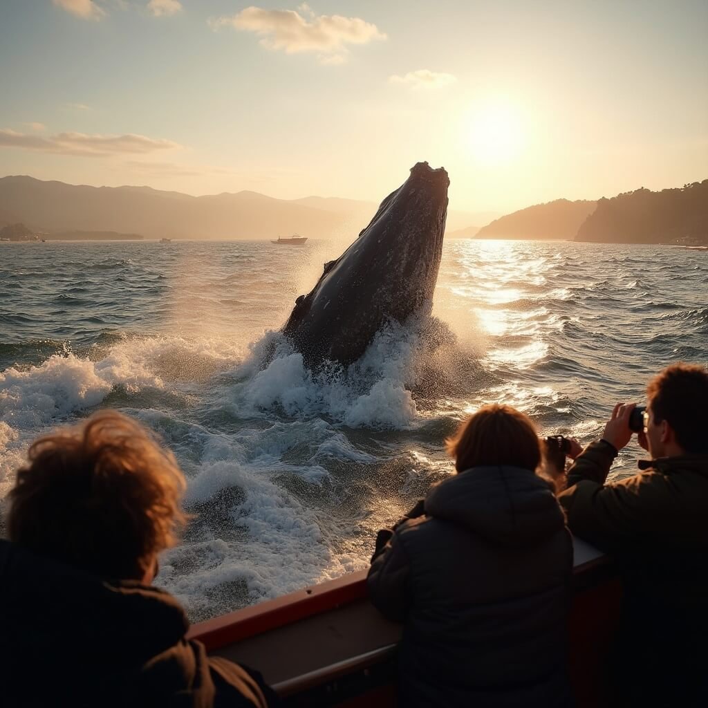 Humpback whale breaching in Monterey Bay during golden hour, with water droplets illuminated by sunlight, distant hazy hills, and silhouetted onlookers on boat deck