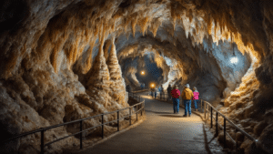 "Tourists led by a park ranger through a vast underground cave in Jewel Cave National Monument, with calcite crystal formations under warm electric lighting casting shadows on damp stone and a misty background."