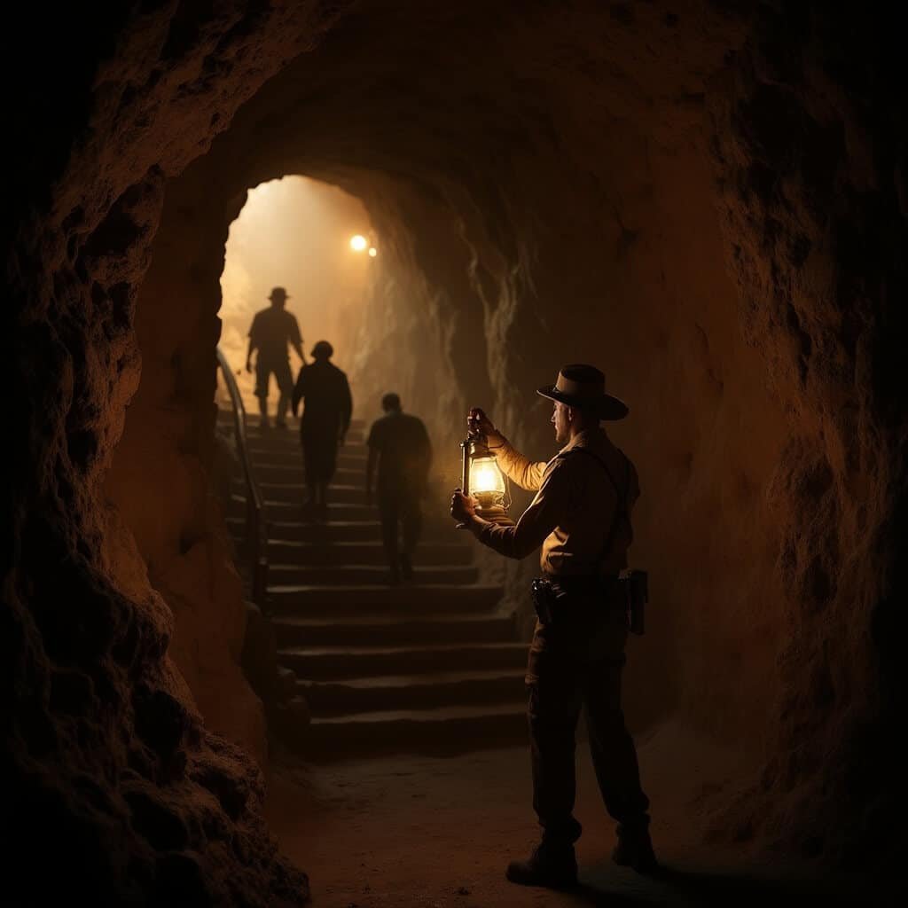 Park ranger holding an old-fashioned lantern during Historic Lantern Tour in Jewel Cave, casting light on a steep wooden staircase and rough limestone walls with visitors navigating, deep shadows and dust particles visible in the beam.