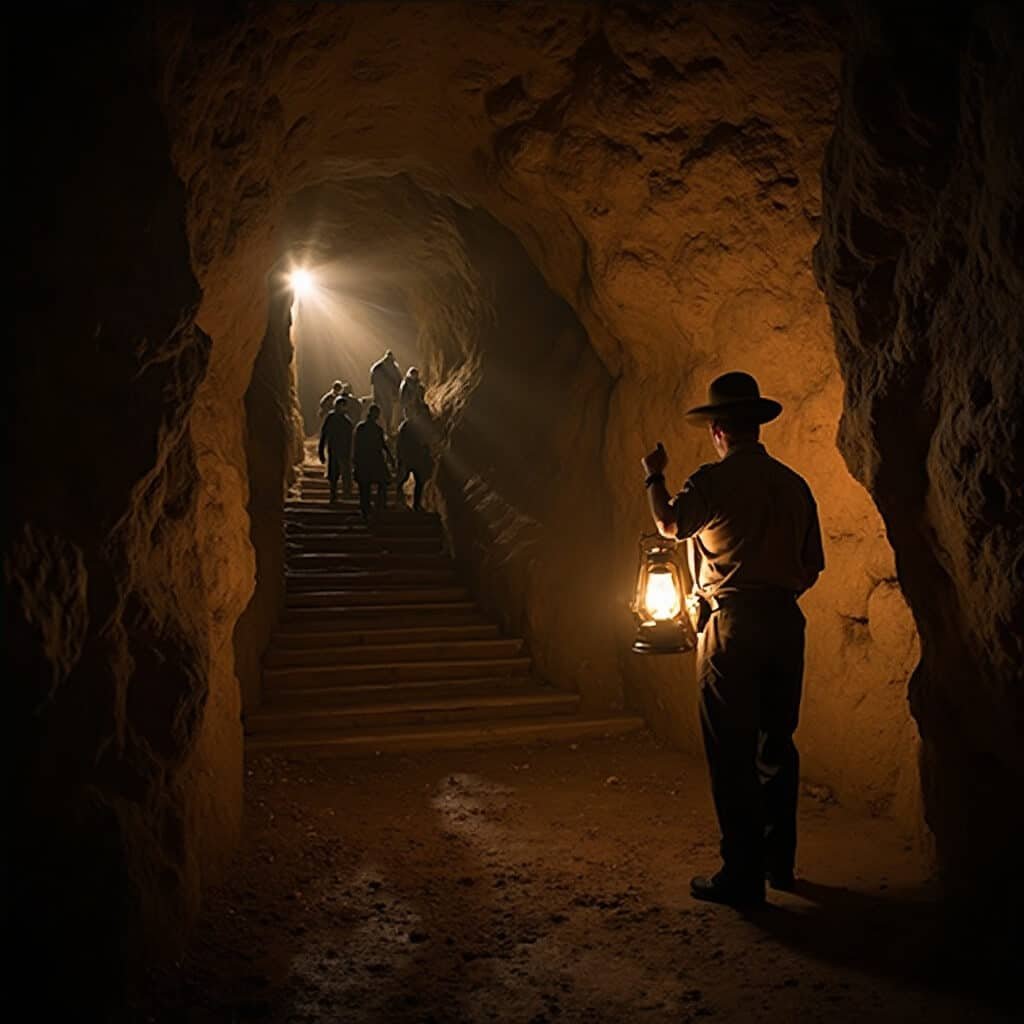 Park ranger leading a Historic Lantern Tour in Jewel Cave, casting light on rough limestone walls with an old-fashioned lantern, as visitors navigate a steep wooden staircase