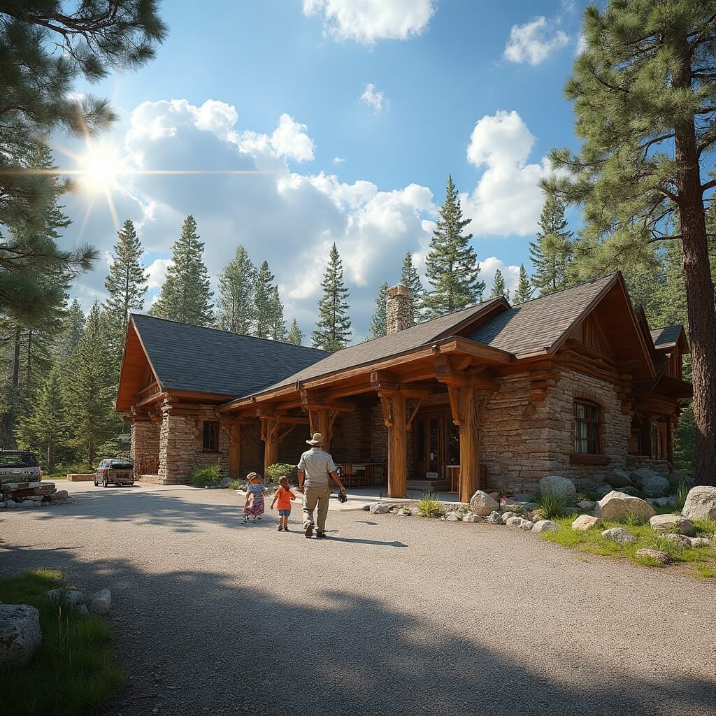 Visitors approaching log-and-stone architecture of Jewel Cave National Monument visitor center, nestled in Black Hills pine forest, under a blue sky with scattered clouds
