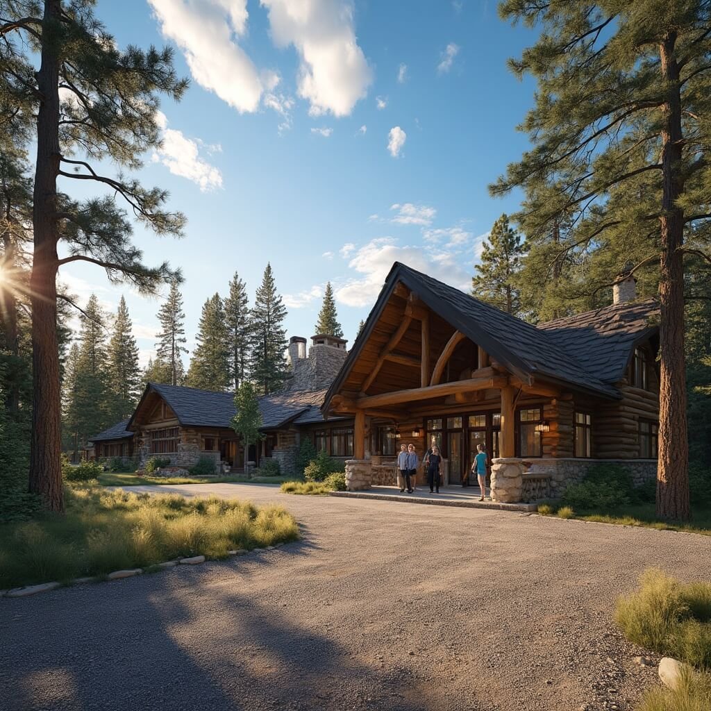 Visitors approaching the log-and-stone building of Jewel Cave National Monument visitor center amidst Black Hills pine forest under a sunny sky