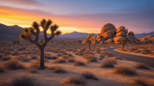 "Golden hour desert landscape in Joshua Tree National Park featuring twisted Joshua trees, illuminated monzogranite boulders, scattered Mojave scrub, sandy terrain, amber-to-blue sky transition, mountain silhouettes, and deserted park road"