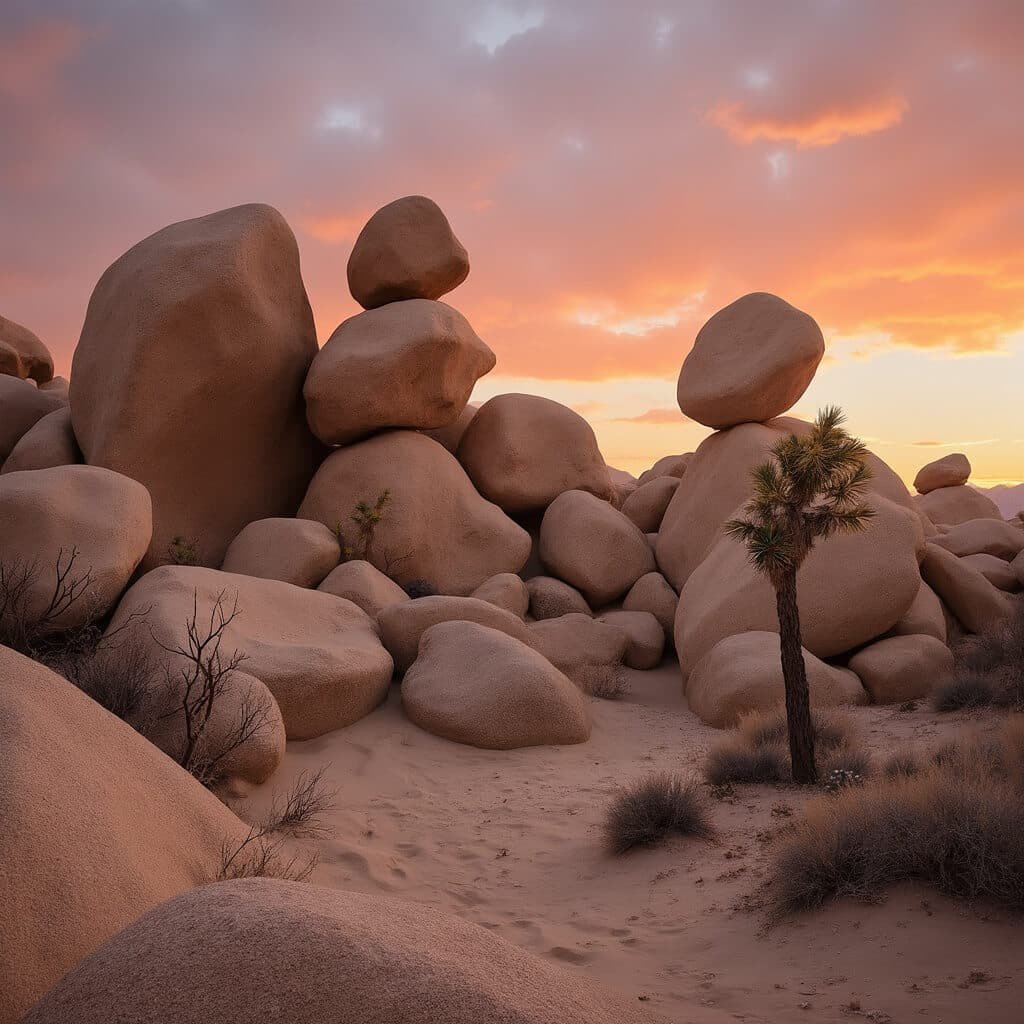 Golden hour view of Hidden Valley in Joshua Tree National Park with monzogranite boulders, Joshua trees silhouettes, and long shadows on sandy desert floor