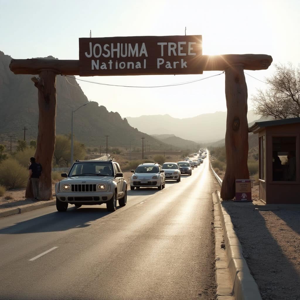 Cars lined up at the West Entrance of Joshua Tree National Park in early morning light, with a park ranger in the booth and distant desert mountains in the background.