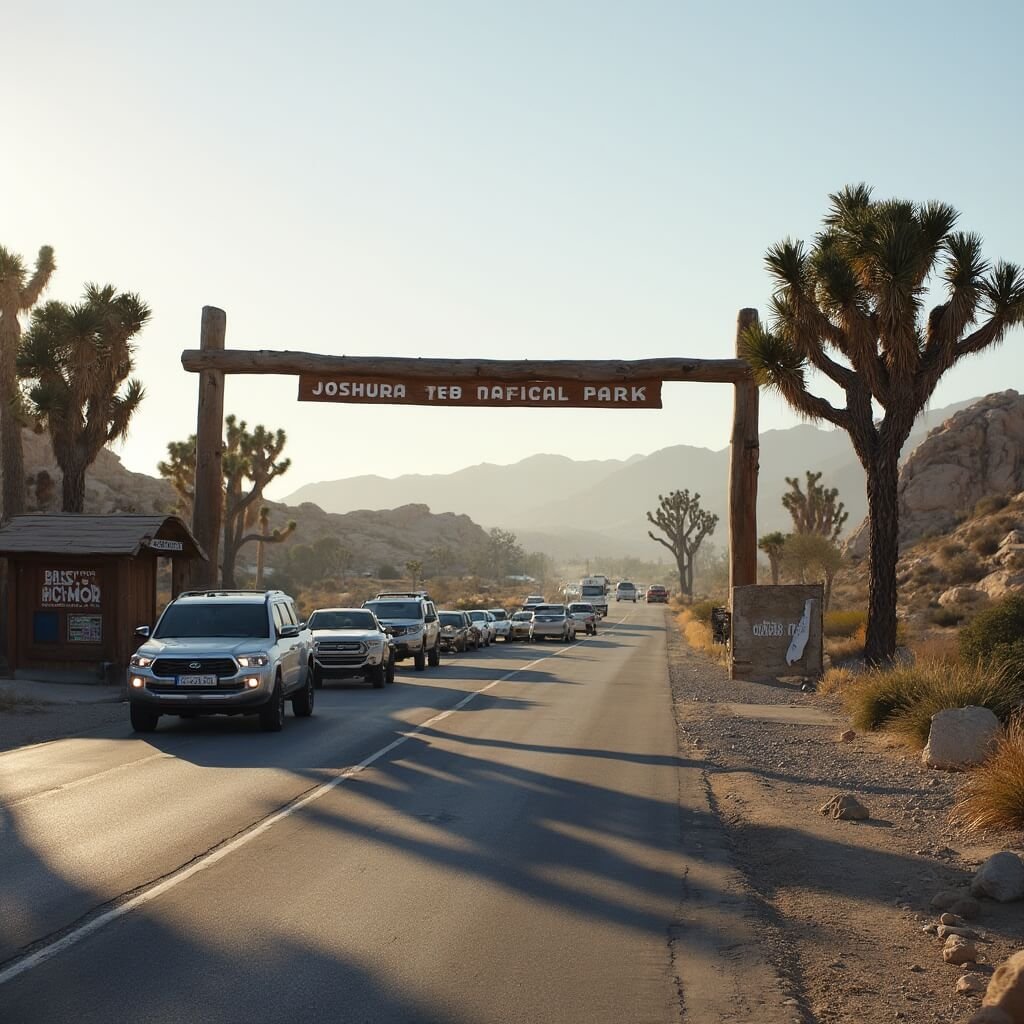 Cars lined up at Joshua Tree National Park entrance under soft morning sunlight, park ranger in booth and hazy desert mountains in the distance