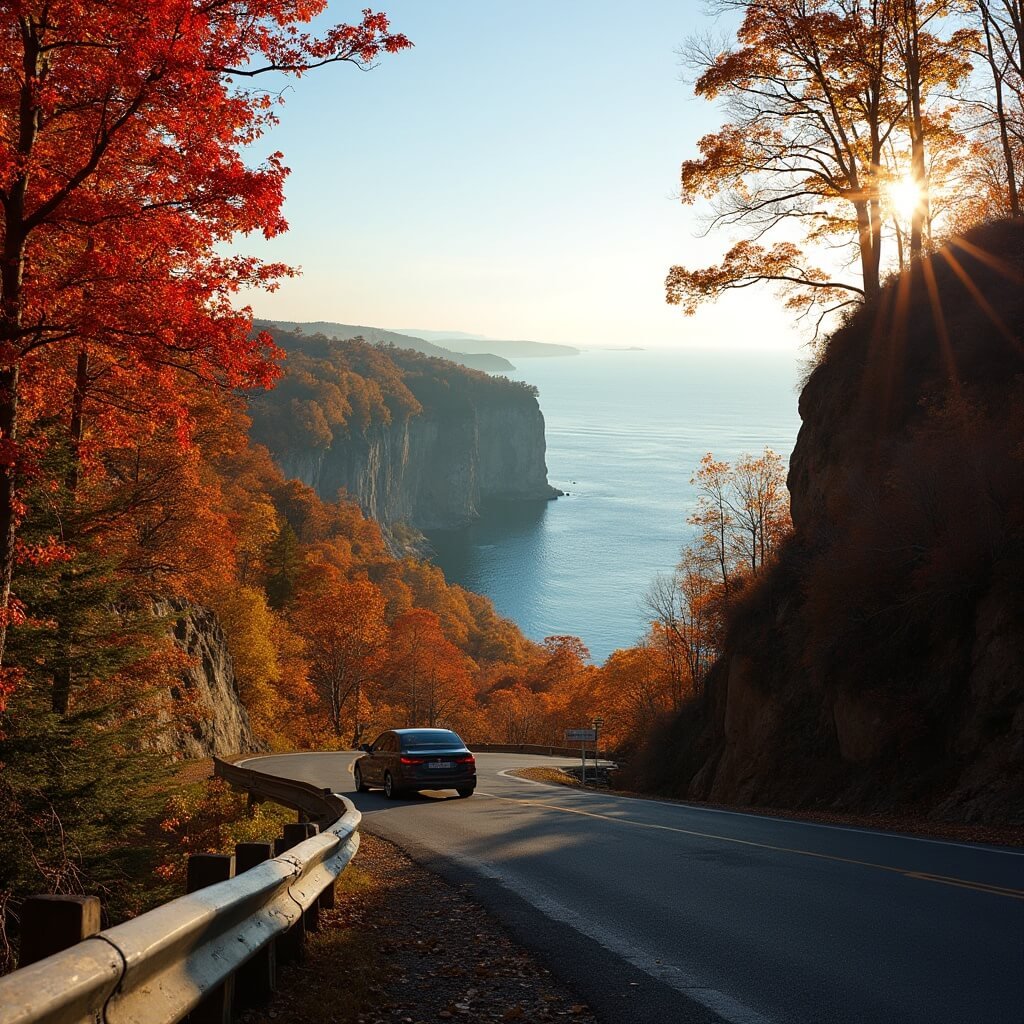 Scenic overlook of Lake Michigan surrounded by autumn foliage with a lone car parked on a gravel shoulder, early morning light illuminating the water and trees