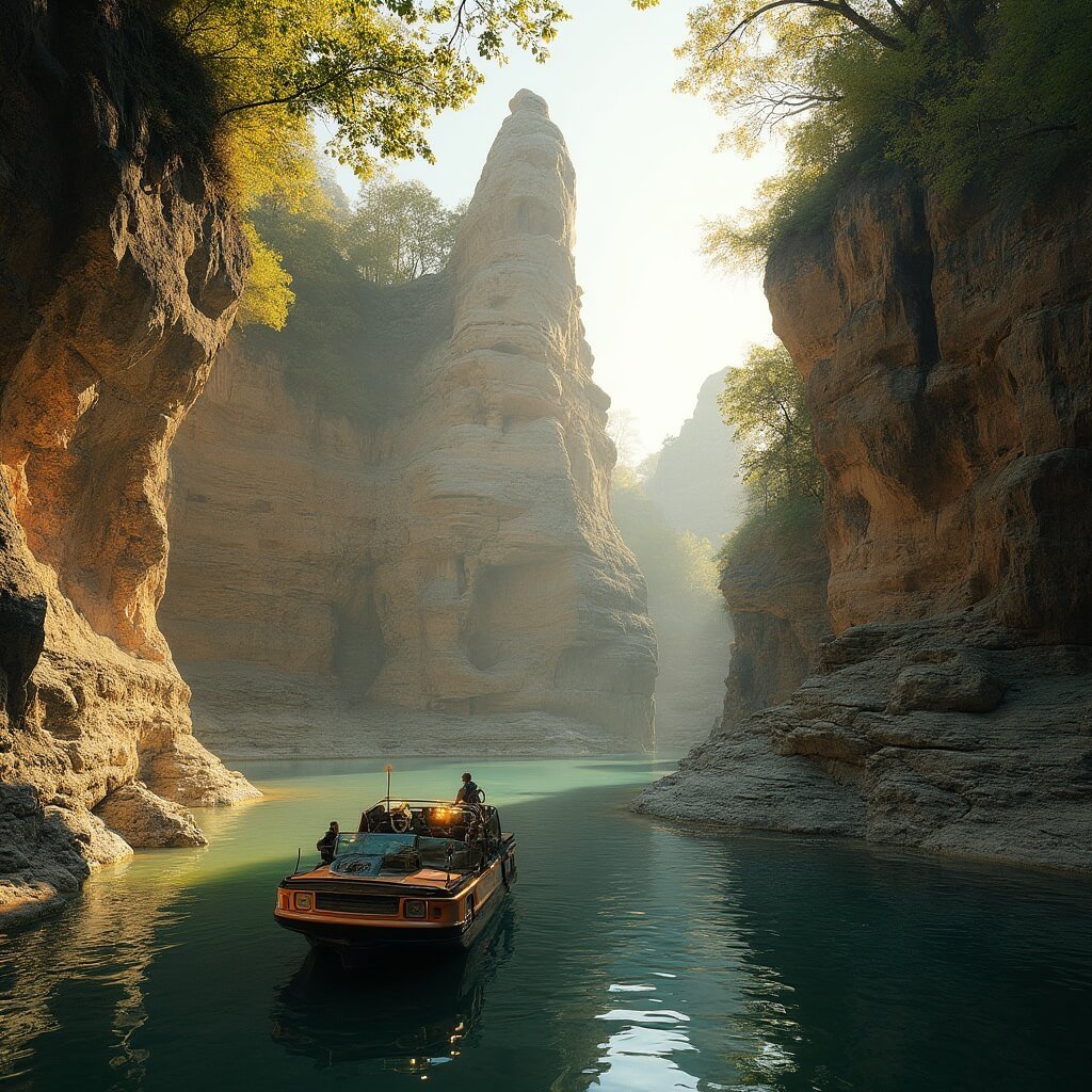 Sandstone rock formations at Lower Dells with Duck vehicle floating on calm Dell Creek, lit by late afternoon light