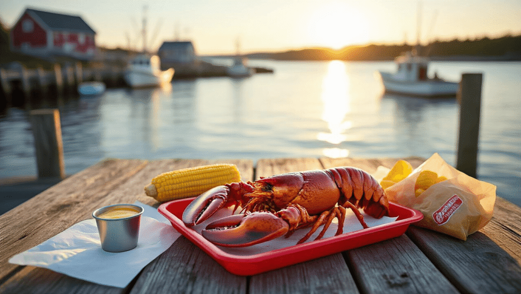 Eating Lobster in Bar Harbor: Where to Go and What to Order "Steamed lobster meal on a rustic wooden table at a Maine outdoor pound, surrounded by butter, corn, and chips, with lobster boats in the hazy background during golden hour."