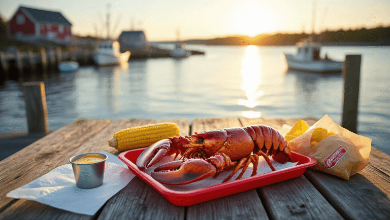 Eating Lobster in Bar Harbor: Where to Go and What to Order "Steamed lobster meal on a rustic wooden table at a Maine outdoor pound, surrounded by butter, corn, and chips, with lobster boats in the hazy background during golden hour."