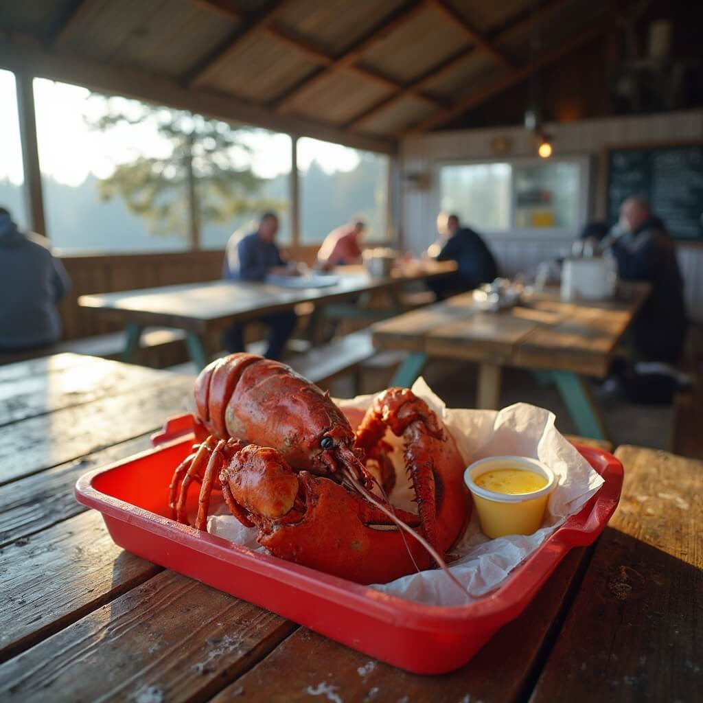 Rustic lobster pound with weathered picnic tables in Bar Harbor, steaming lobster on a tray, cracker and crumpled paper bib in focus, blurred background of diners and chalkboard menu, under a pine-filtered midday sun.