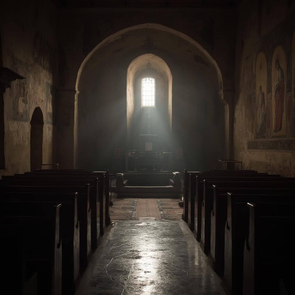 Dimly lit interior of Mission Concepción's chapel featuring ancient frescoes on stone walls, a wooden pew in the foreground, and worn altar in soft focus.