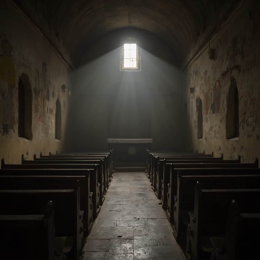 Dimly lit interior of Mission Concepción's chapel with light beam illuminating old frescoes, dusty atmosphere, and wooden pew leading to blurry altar