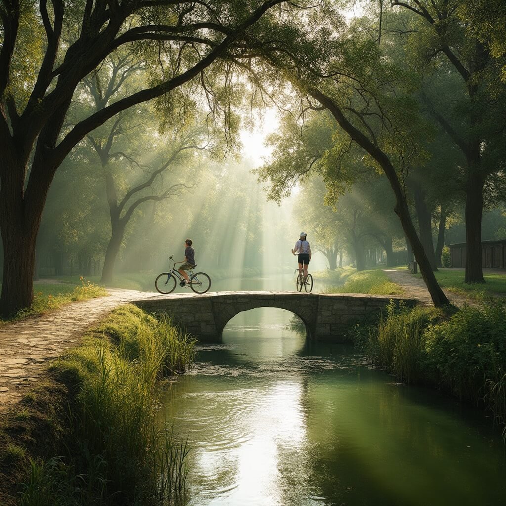 Jogger and cyclist on Mission Reach trail beside San Antonio River with morning sunlight pouring through trees and reflecting on the water