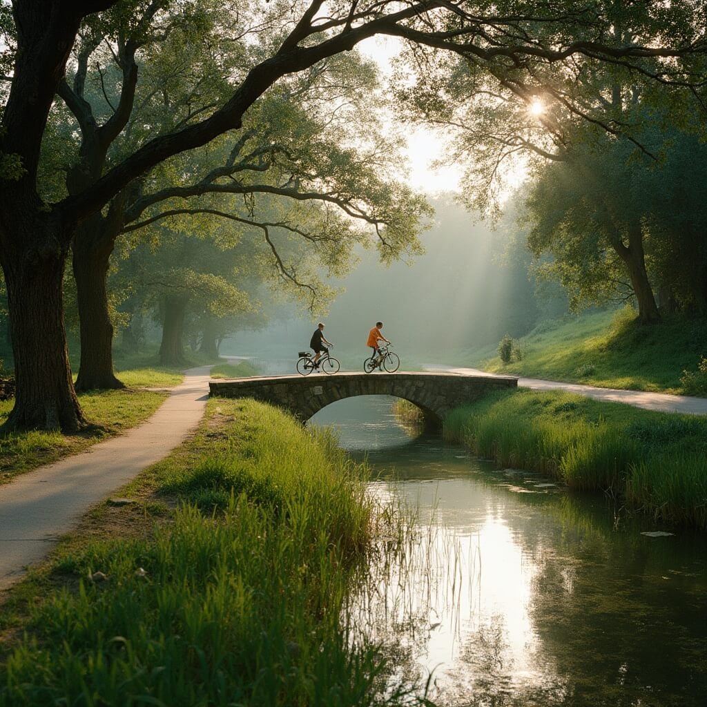 Jogger and cyclist on Mission Reach trail by San Antonio River with dappled sunlight, stone footbridge and reflective green water