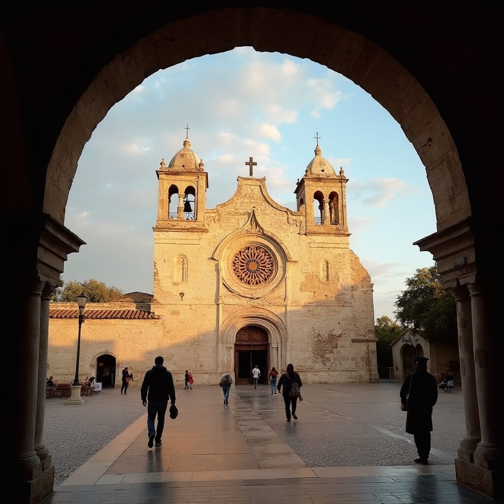 Mission San José's stone facade illuminated by golden hour light, with visitors in courtyard and blue Texas sky backdrop