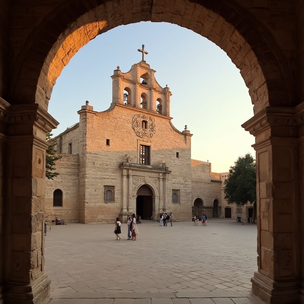 Mission San José's stone facade illuminated by warm sunset light, with visitors strolling across the courtyard, surrounded by arched colonnade, under blue Texas sky