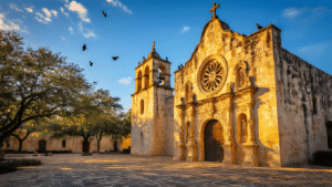 "Golden-hour view of Mission San José's limestone facade with warm amber glow, pigeons on bell tower, dappled shadows on courtyard stone pathways, and distant palm and oak trees along the San Antonio River, San Antonio, Texas, no people, realistic travel photography"