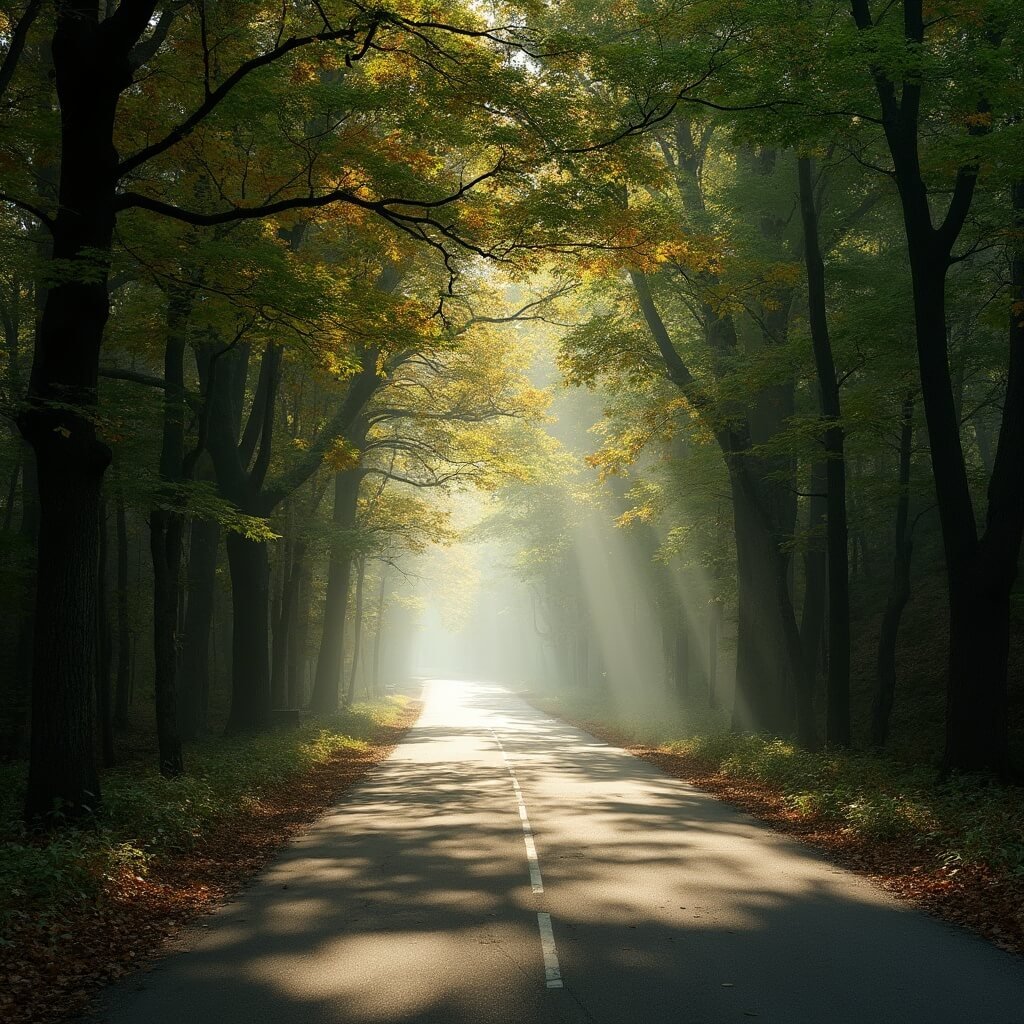 Narrow two-lane forest road surrounded by a dense arch of sugar maple, American beech, and white ash trees forming a green tunnel, with morning sunlight casting shadows on the pavement, shot from the road's center, with early signs of fall and a soft mist near the tree trunks emphasizing the solitude of an early October morning.