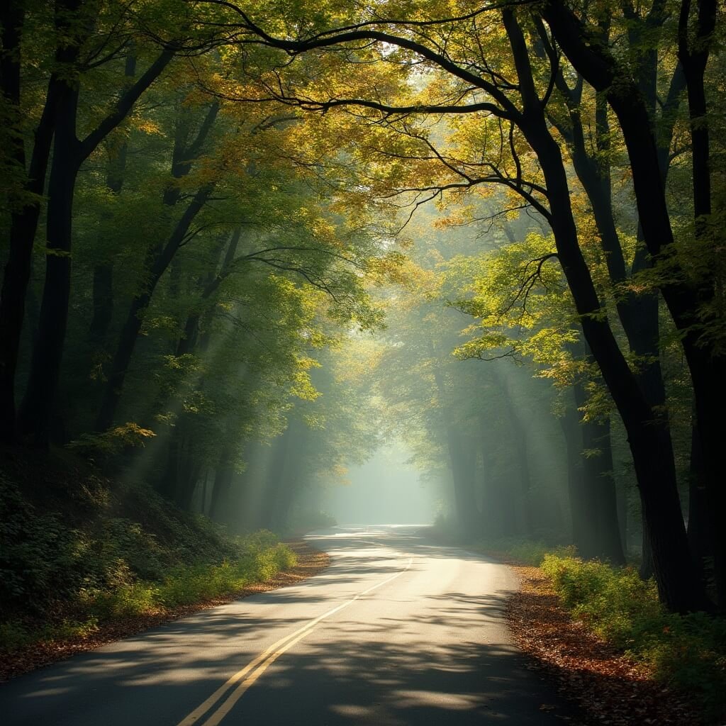 Empty two-lane forest road curving beneath a dense canopy of sugar maple, American beech, and white ash trees in early October morning light, with fall leaves starting to turn and soft mist near tree trunks, emphasizing solitude