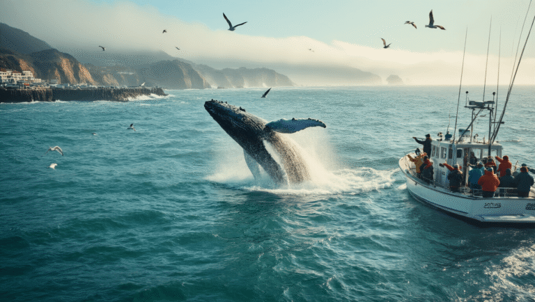 "Charter boat traveling through misty Monterey Bay in the morning, passengers spotting a breaching humpback whale, Fisherman's Wharf and coastal cliffs in the distance, seabirds flying overhead, in a vivid, high-detail, wide-angle ocean adventure photograph."