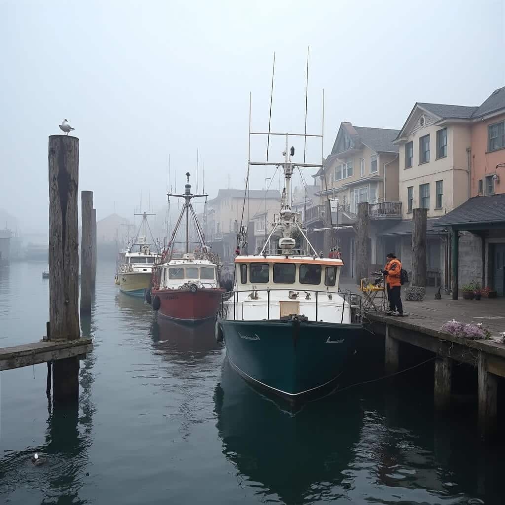 Early morning at Monterey Harbor's Fisherman's Wharf, featuring whale-watching boats, foggy waters, perched seabirds, and a naturalist loading gear, in a muted color palette of soft morning light