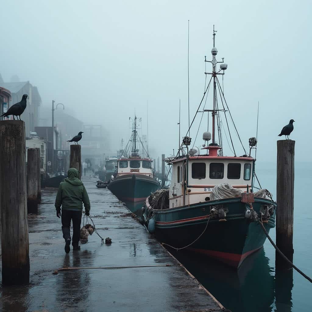 Early morning at Fisherman's Wharf in Monterey harbor with whale-watching boats, seabirds, a naturalist loading gear onto a vessel, framed by weathered docks and historic wharf buildings in soft morning light and fog.
