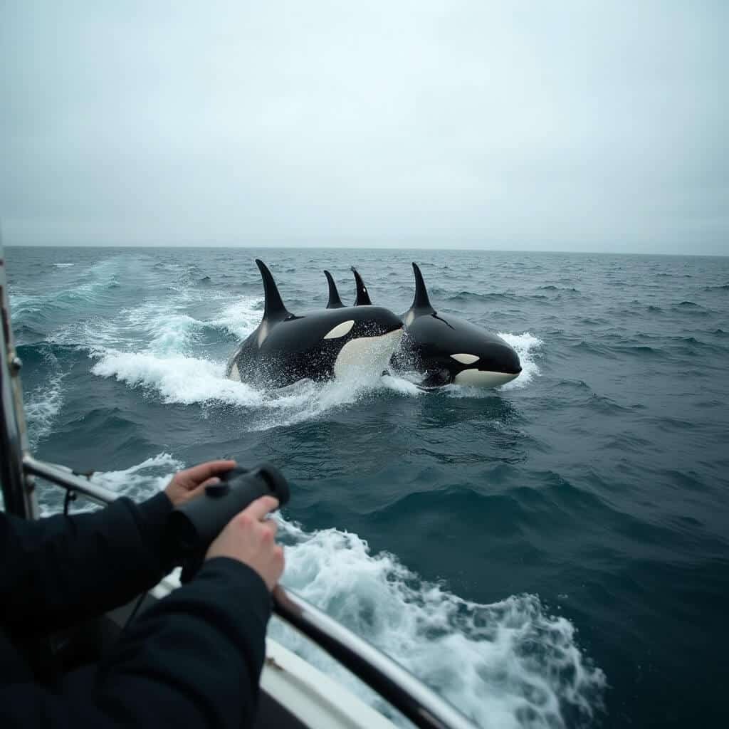 Pod of orcas surfacing in choppy dark blue-green water near Moss Landing, observed from a charter boat under overcast sky