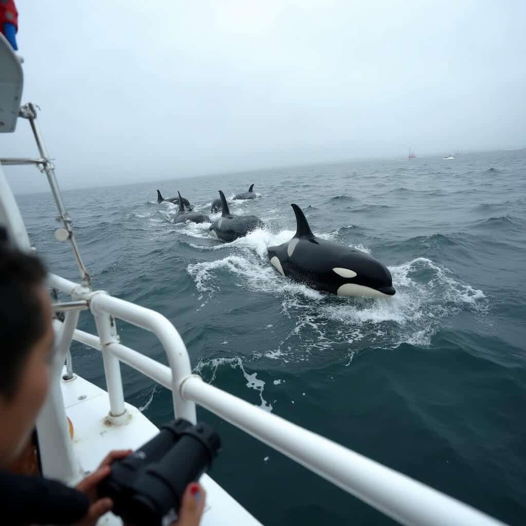 Pod of orcas surfacing in choppy dark blue-green water under overcast sky, boat railing and passenger's binoculars in the foreground
