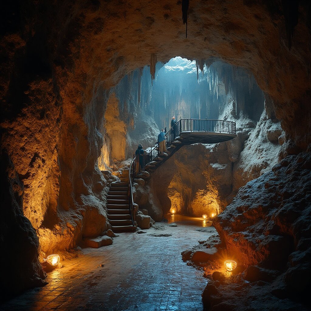 Tourists exploring the illuminated pathway inside the Target Room on the Scenic Tour route, adorned by glistening calcite crystals on stone walls, with a metal staircase leading deeper into the cave