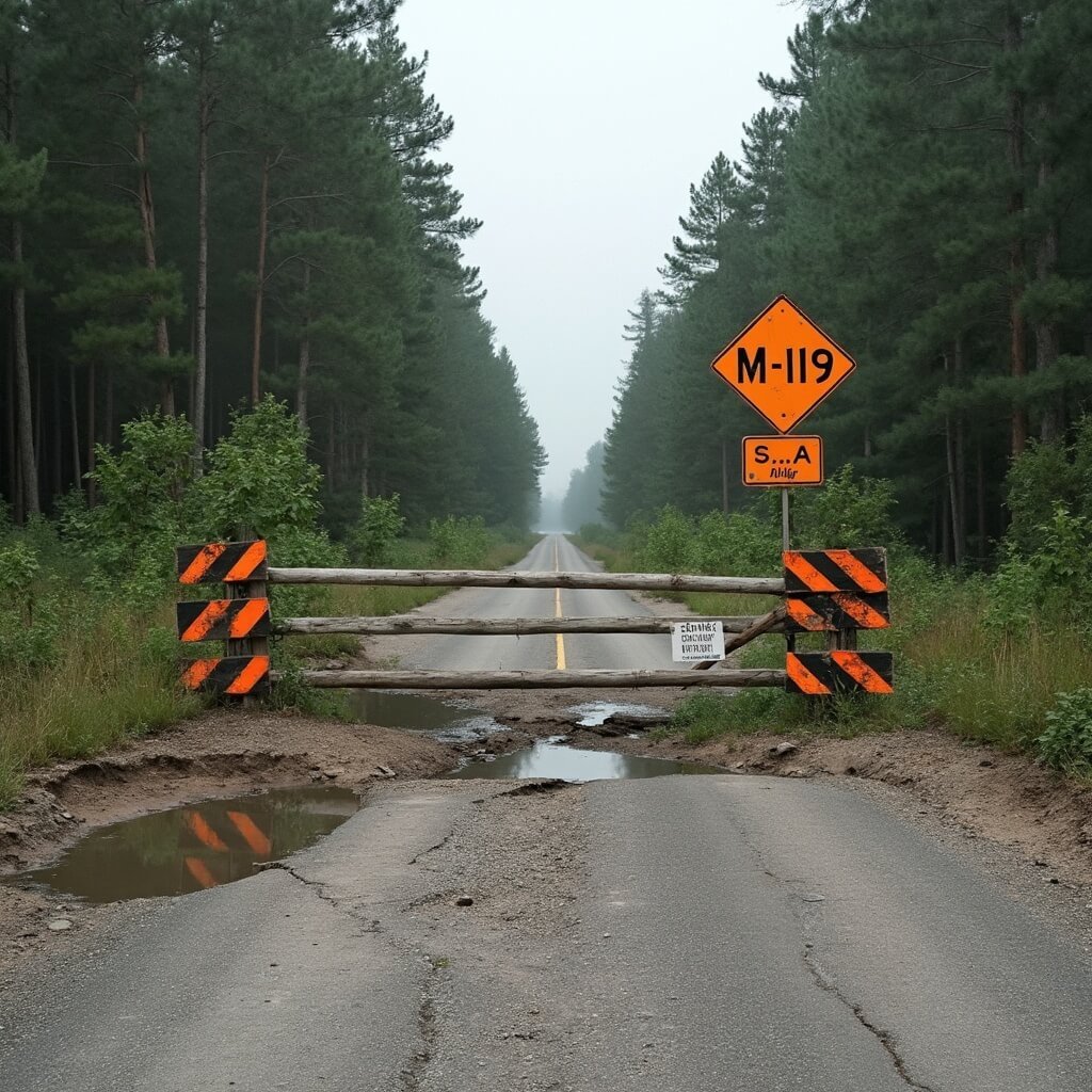 Rustic wooden barricade and orange detour sign on a washed-out rural highway M-119, with deep erosion gullies and standing water under an overcast sky