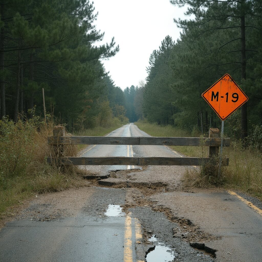 Rustic wooden barricade and orange detour sign on a washed-out rural highway M-119, with deep erosion, disasters gravel, surrounding hardwood trees, and standing water reflecting an overcast sky.