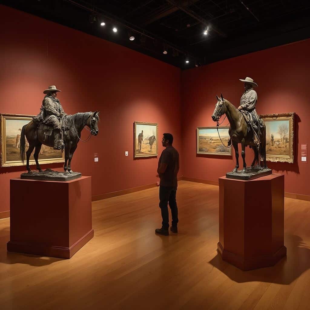 Visitor observing large bronze cowboy and Native American sculptures in Western art gallery of a museum, with frontier landscape oil paintings on red walls and polished wood floors