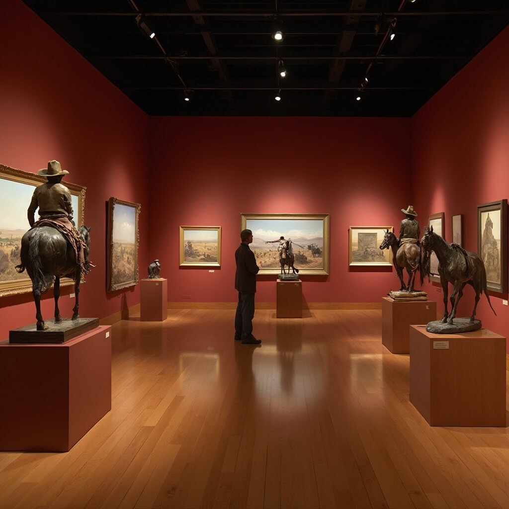 Visitor observing bronze cowboy and Native American sculptures in Western art gallery with frontier landscape paintings on red walls