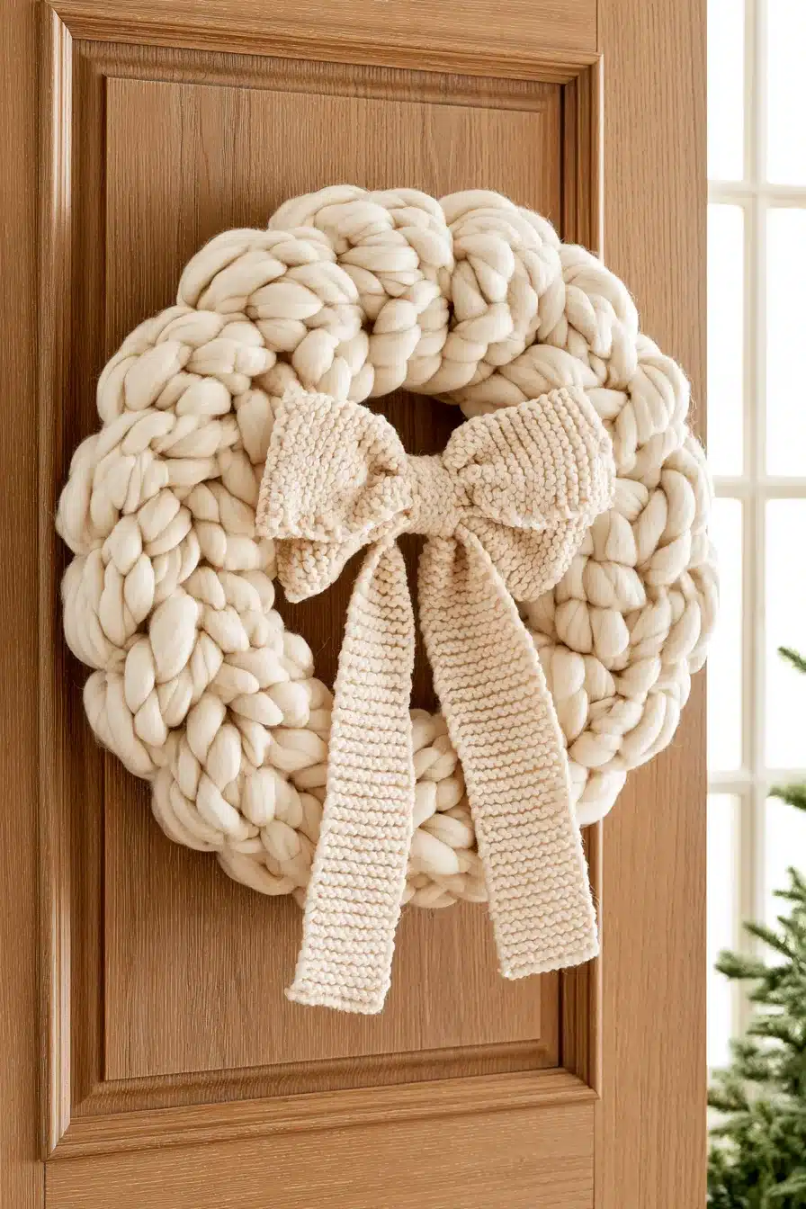 27 Cozy Christmas Yarn Wreaths to Make Your Front Door Feel Festive