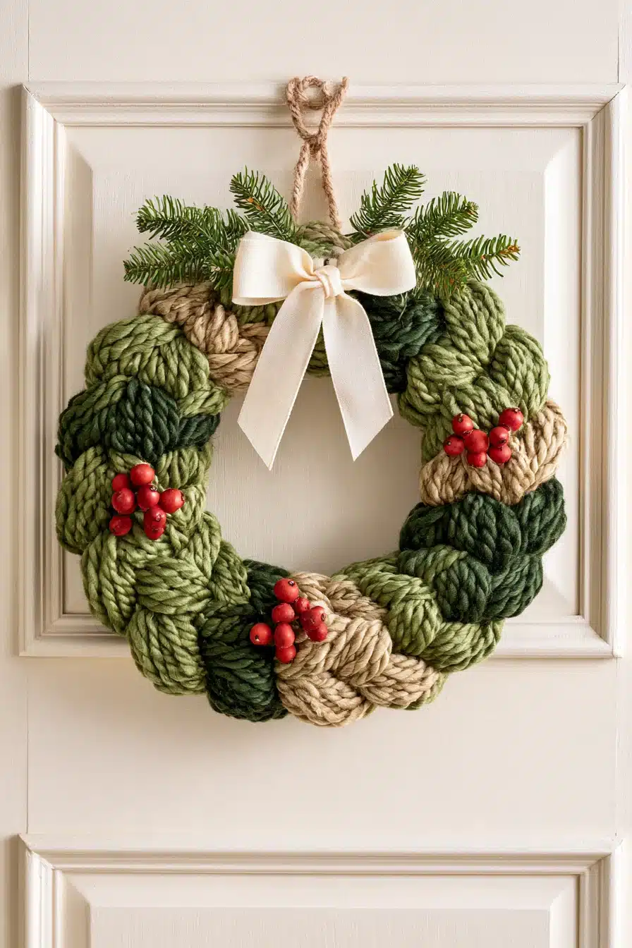 27 Cozy Christmas Yarn Wreaths to Make Your Front Door Feel Festive
