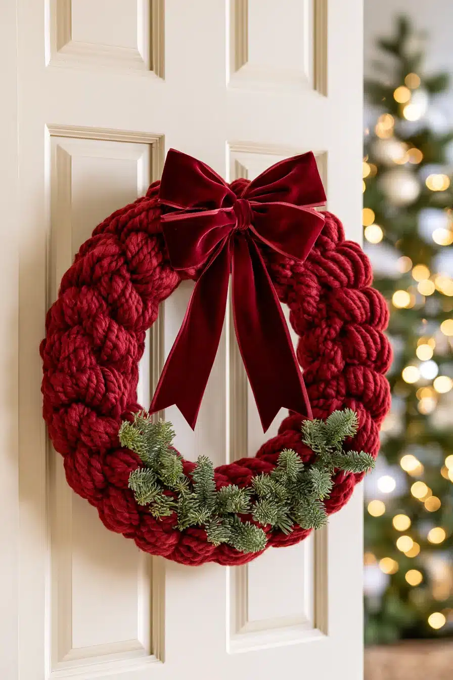 27 Cozy Christmas Yarn Wreaths to Make Your Front Door Feel Festive