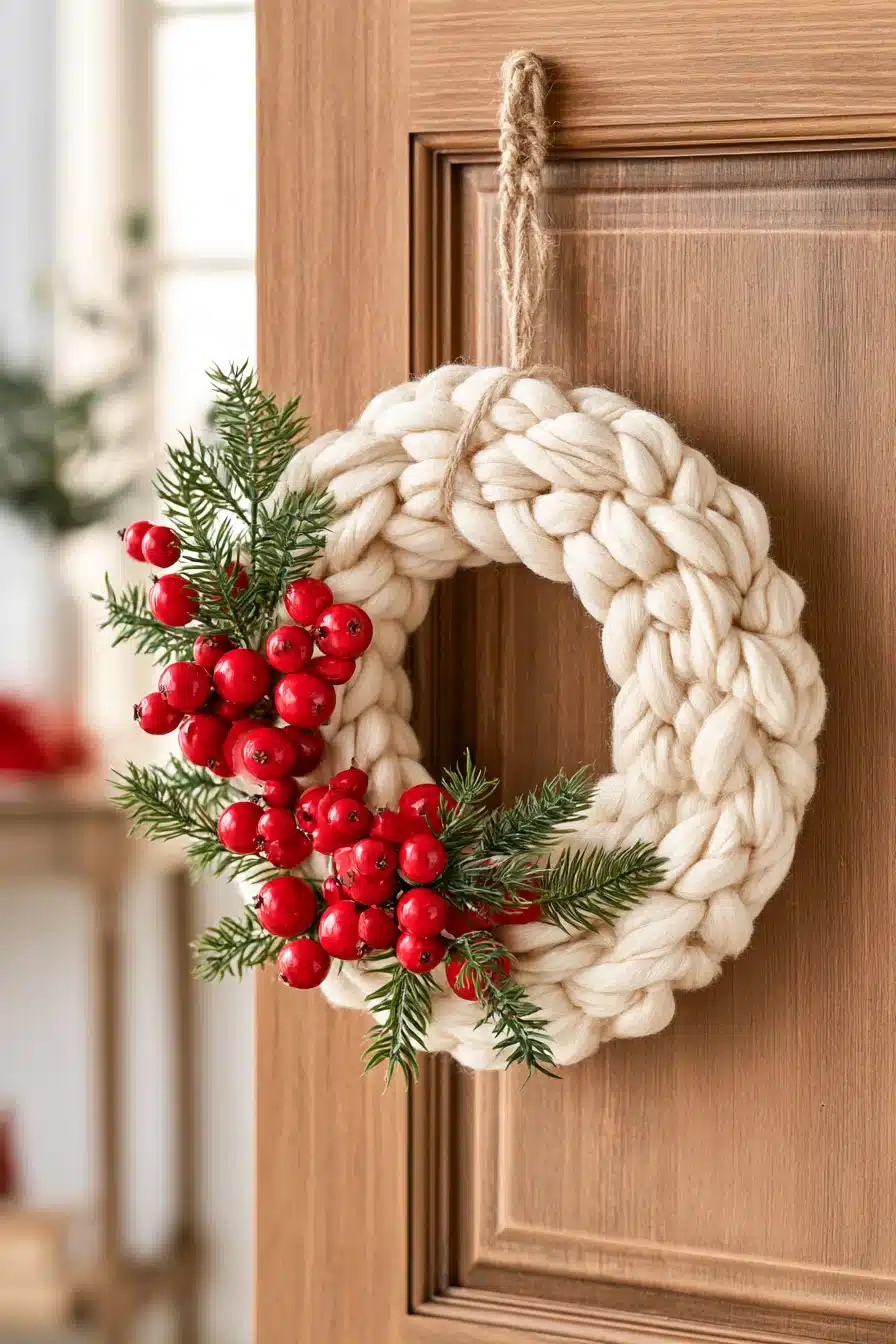 27 Cozy Christmas Yarn Wreaths to Make Your Front Door Feel Festive