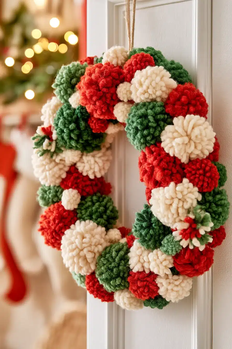 27 Cozy Christmas Yarn Wreaths to Make Your Front Door Feel Festive