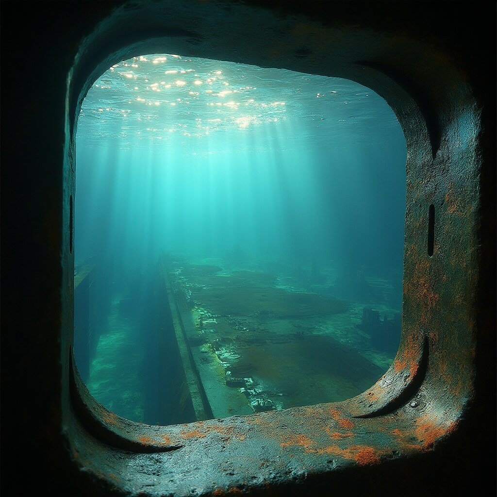 Documentary-style photo of clear harbor water at USS Arizona Memorial with faint oil streaks rising, visible rusted ship edge, and sunlight on water's surface evoking a reflective mood
