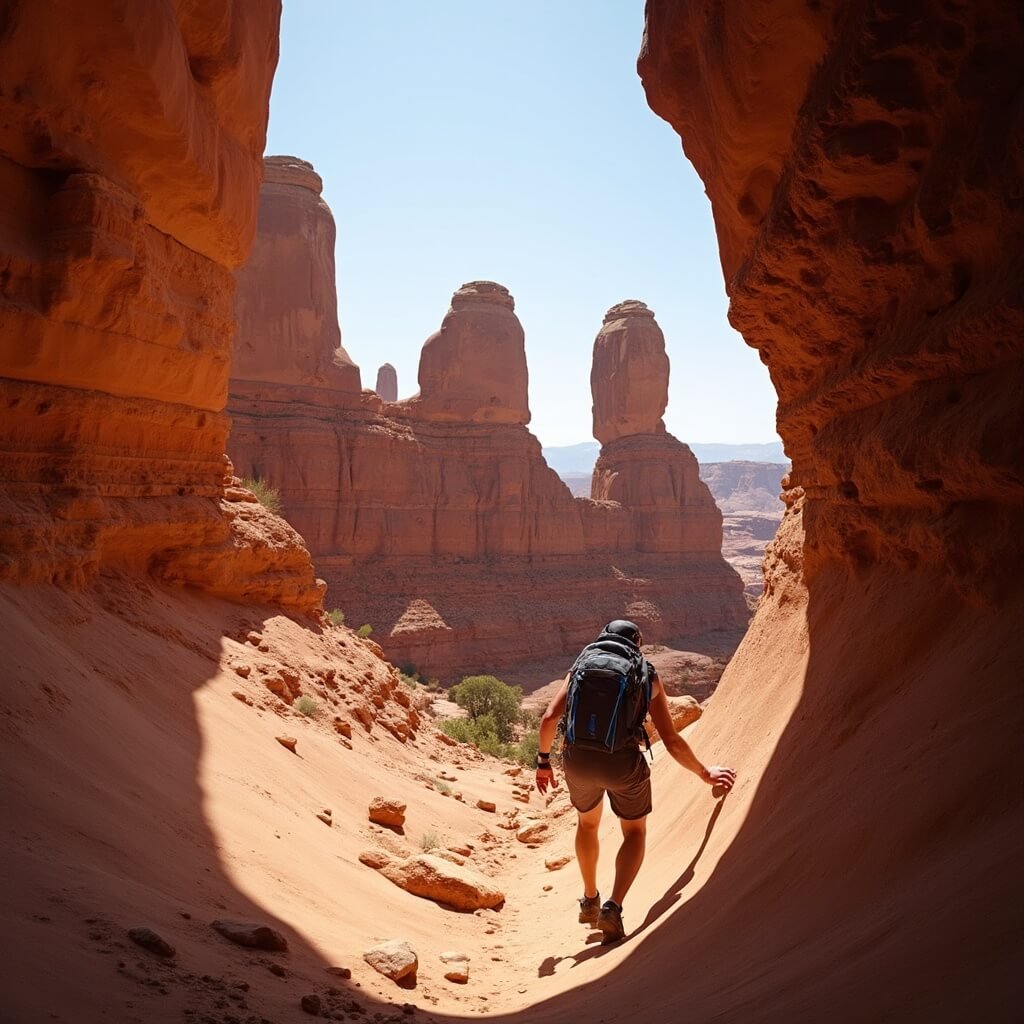 Hiker climbing steep sandstone slope under midday sun on Double O Arch trail, with double arch openings in the distance