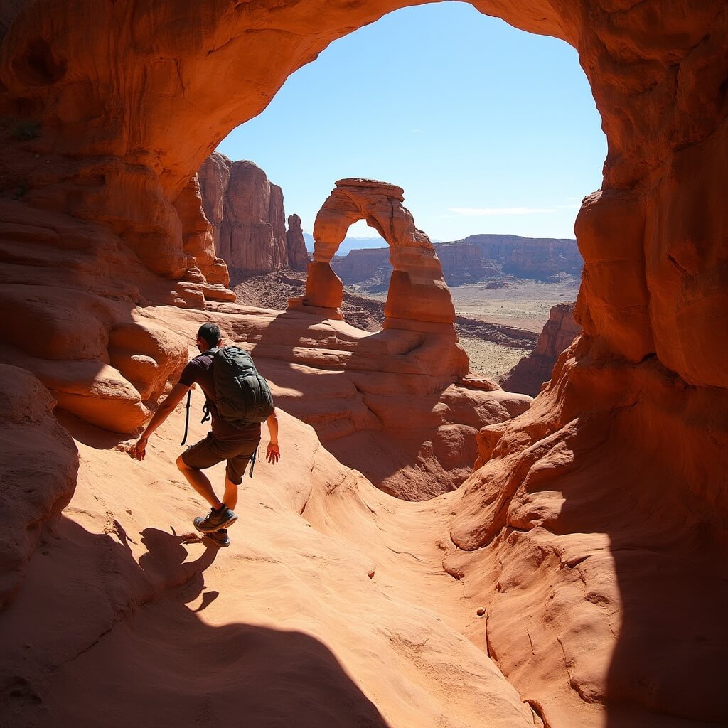 Hiker climbing steep sandstone slope on Double O Arch trail in harsh midday sun, with drop-offs below and the Arch's double openings seen in the distance against a clear desert sky